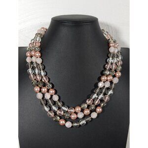 Pink Gray Faceted Bead Faux Pearl‎ Triple Strand Layer Necklace 20"